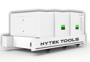 A large, white Hytek Tools 2025 FIBERTEK™ MODEL SE Fiber Laser 5x10 (2000W-12000W), with two green-lit panels and a closed compartment door, stands on adjustable legs against a plain background.