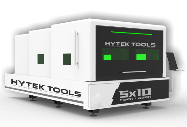 The HYTEK TOOLS 2025 FIBERTEK™ MODEL SE Fiber Laser 5x10 (2000W-12000W) features green-tinted windows, a black screen, and Helical Rack/Pinion Gears for precise metal cutting and fabrication.