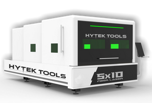 The Hytek Tools 2025 FIBERTEK™ MODEL SE Fiber Laser 5x10 (2000W-12000W) features a white industrial design, black front panel with green display, black supports, side monitor, and is engineered for efficient metal cutting.