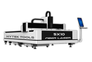 A large white Hytek Tools 2025 FIBERTEK™ MODEL HT Fiber Laser 5x10 (1000w-6000w), with an IPG Laser and a vertical screen on a stand beside it.