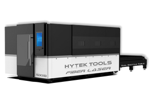 The 2025 FIBERTEK™ Model DE Fiber Laser 5x10 (2000w–30,000w) by Hytek Tools features a digital control panel and dual shuttle table for precision sheet steel cutting with advanced IPG Laser technology.