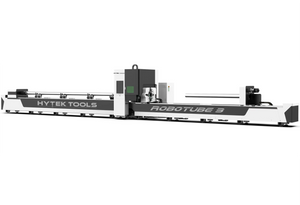 The Hytek Tools 3 Chuck - ROBOTUBE™ MODEL RT3 Fiber Laser Metal Tube Cutter features a long horizontal structure with control panels and advanced components, ideal for automated, precision metal tube cutting in industrial settings.