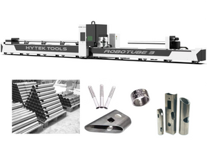 The Hytek Tools 3 Chuck - ROBOTUBE™ MODEL RT3 Fiber Laser Metal Tube Cutter is shown, with fiber laser tech, labeled branding, and inset images of stacked metal tubes and precisely cut tube components.