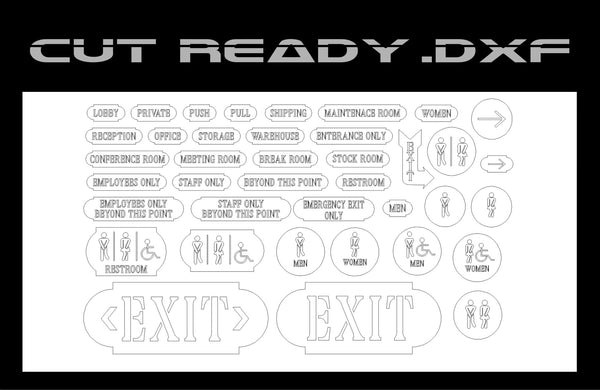 The blueprint-style image depicts the Interior Business Signs Wayfinding 3 design from Hytek Tools, featuring labeled signs like LOBBY, RECEPTION, and CONFERENCE ROOM. Complete with exit indicators and directional arrows, this vector layout is perfect for cutting or printing as part of the DXF Cut Ready File Collection.