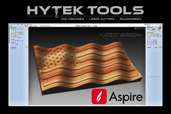 In the 3D software interface, a wavy wooden panel features an American flag design. The screen is framed by Hytek Tools - Fiber Laser Sales - USA with the Aspire by Vectric Version 11.5 logo at the bottom, illustrating its CNC router precision.