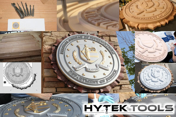 Collage of the Department of Justice seal creation using cutting tools. Showcases Aspire by Vectric, version 11.5, CNC router stages, and installation. The Hytek Tools - Fiber Laser Sales logo is prominently displayed at the bottom.