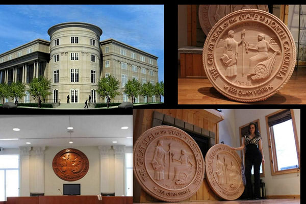 A collage featuring a large stone building, a courtroom with a round seal on the wall, and two images of the Great Seal of North Carolina—crafted with precision akin to the 2024 ROUTEK™ CNC Industrial Router Machine Pkg by Hytek Tools.