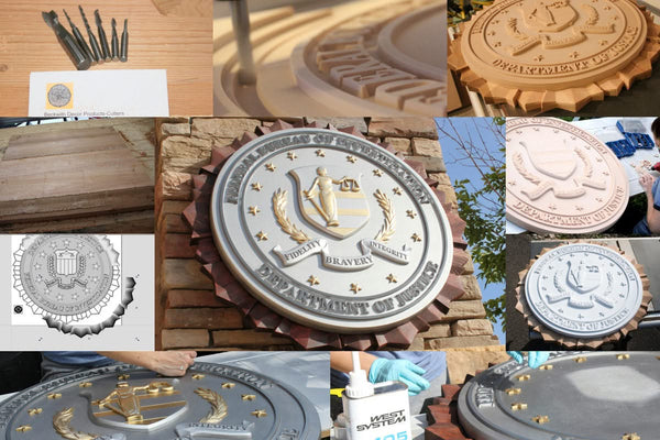 A collage illustrates the creation of a Department of Justice seal, featuring woodwork, molds, the precision of the 2024 ROUTEK™ CNC Industrial Router Machine Pkg by Hytek Tools, 3D design, painting, and final installation on a stone wall.