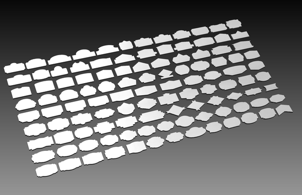 A grid of variously shaped labels from the Classic Sign Shapes Set by Hytek Tools is arranged on a grey gradient background. The cut-ready DXF collection for fiber laser applications includes rectangles, ovals, and hexagons displayed in neat rows.
