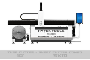 Front view of a Hytek Tools Fiber Laser 5x10 - MODEL STC Sheet/Tube Cutter Combo, featuring an IPG Laser Source, tube and sheet cutting capabilities, control screen on the right, and labeled 10 and 5x10 at the bottom.