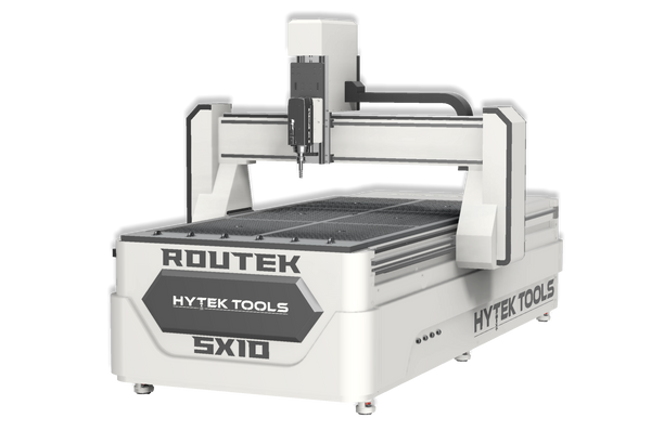 The 2024 ROUTEK™ CNC Industrial Router Machine Pkg by Hytek Tools, model SX10, is a white CNC router with a large worktable, vertical spindle, precision rails, and stainless steel ball screw, set against a plain background.