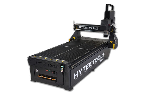 The 2024 ROUTEK™ CNC Industrial Router Machine by Hytek Tools is black, featuring a rectangular worktable, a mechanical arm for precision cutting, and precision rails for accurate engraving.