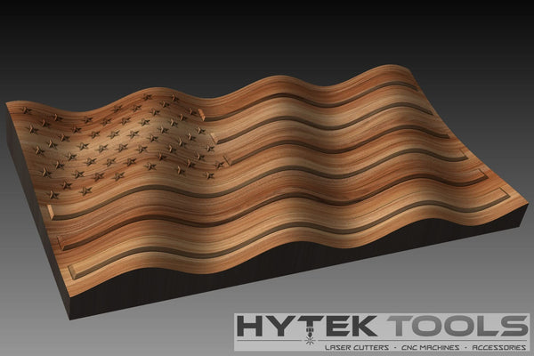 The USA Waving 3D Flag features intricately carved stars and wavy stripes, creating a textured look. The Hytek Tools - Fiber Laser Sales - USA logo appears at the bottom, with Laser Cutters, CNC Routers, Accessories accompanying this stunning STL model piece.