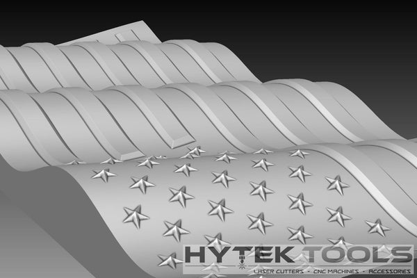 A 3D-rendered swirling surface design with embossed stars, resembling the USA Waving 3D Flag - STL Model by Hytek Tools - Fiber Laser Sales - USA, featuring their logo and the text LASER CUTTERS • CNC MACHINES • ACCESSORIES in the bottom right corner.