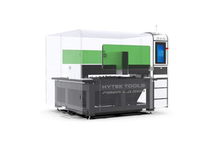 The Hytek Tools Fiber Laser 3x4 (MODEL FM 1000w-3000w) is a large industrial machine with a transparent green safety enclosure, a tall blue-screen control panel, and aviation-grade aluminum construction for durability.