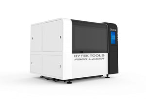 The Hytek Tools Fiber Laser 3x4 - MODEL FM 1000w-3000w is a white and black IPG fiber laser machine made from aviation-grade aluminum, with a touchscreen panel on the front right, shown on a white background.