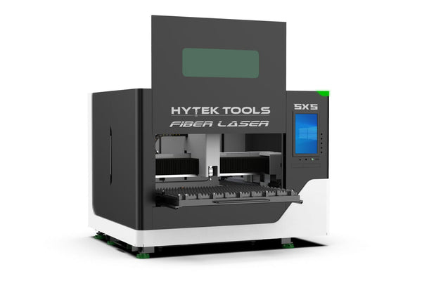 A black and white Hytek Tools Fiber Laser 5x5 - MODEL DL 1000w-3000w for laser cutting metals, featuring an open front, visible cutting bed, and a vertical touchscreen control panel on the right side.