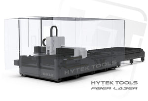 A 3D render of the Hytek Tools Fiber Laser 6x12 MODEL DE612 (6000w-12000w) with dual shuttle table and transparent enclosure. Hytek Tools Fiber Laser appears at bottom right. Ideal for laser cutting metals.