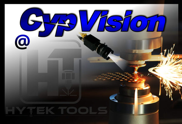 A Fiber Laser 5x5 - MODEL DL 1000w-3000w from Hytek Tools cuts metal, emitting bright sparks. The text “CypVision @ Hytek Tools” overlays the image, with a camera lens graphic beside “Vision.”.