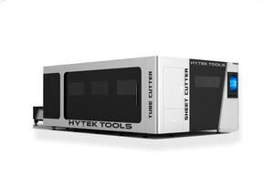 The Hytek Tools Fiber Laser 5x10 - MODEL STCE Sheet/Tube Cutter Combo is a large, modern industrial machine with touch screen controls and a sleek white-black design, featuring advanced fiber laser cutting for both sheets and tubes.