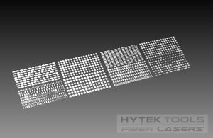 Diagonally arranged rows of perforated metal sheets with diverse hole patterns on a gradient backdrop resemble the 1000 Sign Shapes Set - DXF Cut Ready File Collection. Hytek Tools - Fiber Laser Sales - USA is visible in the bottom right corner.
