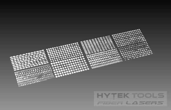 Diagonally arranged rows of perforated metal sheets with diverse hole patterns on a gradient backdrop resemble the 1000 Sign Shapes Set - DXF Cut Ready File Collection. Hytek Tools - Fiber Laser Sales - USA is visible in the bottom right corner.