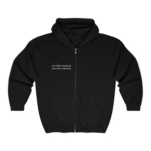 The Hytek Tools - Certified Operator Zip Hoodie by Printify is a black zip-up with HYTEK TOOLS CERTIFIED OPERATOR printed in white on the left chest. Made from soft fleece, this classic fit hoodie includes a front zipper and two side pockets for comfort and style.