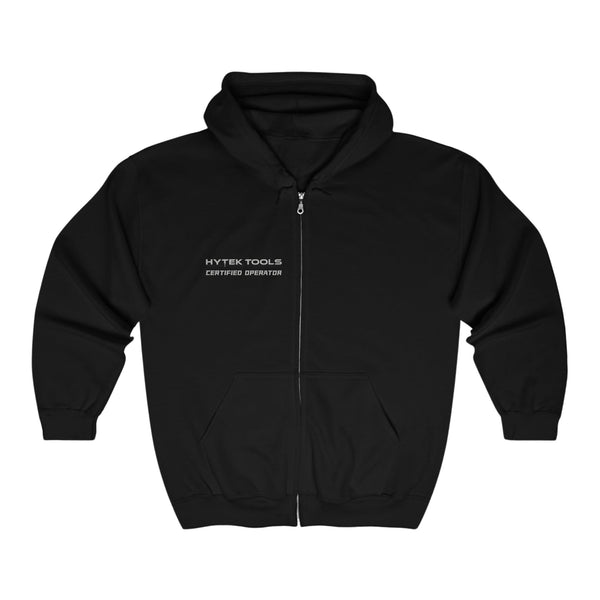 The Hytek Tools - Certified Operator Zip Hoodie by Printify is a black zip-up with HYTEK TOOLS CERTIFIED OPERATOR printed in white on the left chest. Made from soft fleece, this classic fit hoodie includes a front zipper and two side pockets for comfort and style.