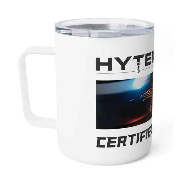 The Printify 10oz Insulated Coffee Mug comes in white with an acrylic lid, showcasing the words HYPETIC and CERTIFIED next to a blurred abstract design.