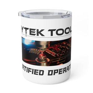 The 10oz Insulated Coffee Mug by Printify is white and cylindrical with a clear acrylic lid, featuring TOOL at the top, an image of a high-tech laser or CNC machine in the middle, and hints of the words CERTIFIED OPERAT at the bottom, suggesting its stainless steel durability.