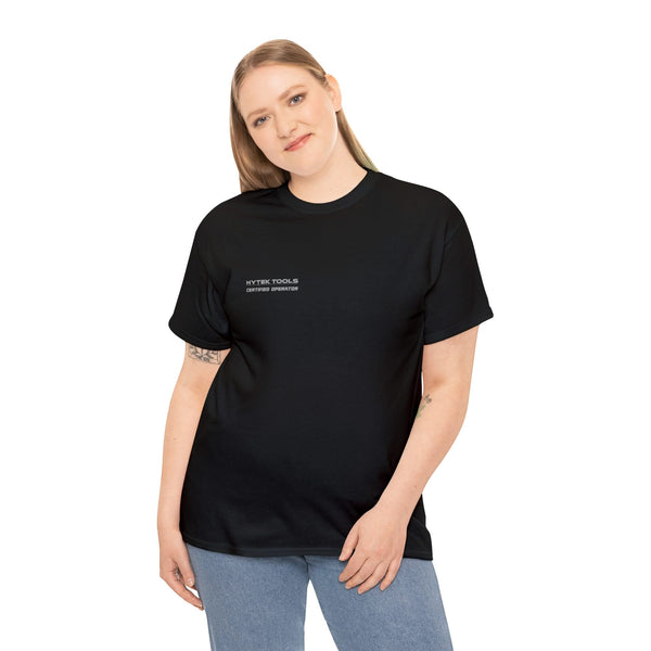 A long-haired blonde smiles in a classic fit Unisex Heavy Cotton Tee from Printify, showcasing premium printing of HYPER TOOLS SUPPORT SYSTEM in white. They pair it with light blue jeans against a plain white background.