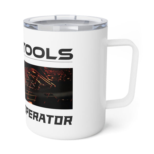 The Printify Insulated Coffee Mug, 10oz, is white with an acrylic lid. It features partial bold black text reading TOOLS and OPERATOR, an abstract red and orange image, and a rectangular handle for easy gripping.