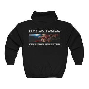 The Hytek Tools - Certified Operator Zip Hoodie by Printify features HYTEK TOOLS CERTIFIED OPERATOR text and a tool image on metal. Made from softer fleece for added comfort, it offers a classic fit ideal for operators.