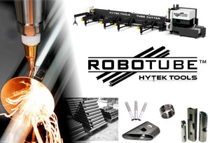 Collage featuring the NEW ROBOTUBE™ MODEL RT2 Fiber Laser Metal Tube Cutter by Hytek Tools: machine in action with sparks, stacks of metal tubes, diverse cut shapes, and the Hytek Tools logo.
