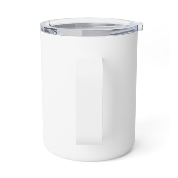 The Printify Insulated Coffee Mug, 10oz, features a minimalist design with a sleek white finish, clear acrylic lid with slight opening, and a sturdy handle on its stainless steel body.