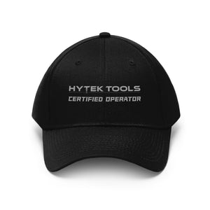 Printifys Unisex Twill Hat in black showcases Hytek Tools Certified Operator embroidered in gray. Made from premium Cotton Twill, it features an adjustable Velcro closure for a perfect fit.