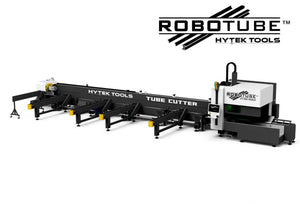 The NEW ROBOTUBE™ MODEL RT2 Fiber Laser Metal Tube Cutter from Hytek Tools features an advanced control unit and displays the ROBOTUBE logo at the top right, showcasing its state-of-the-art tube laser cutting technology.
