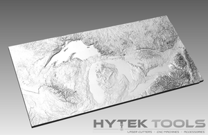 The Great Lakes USA - STL 3D Terrain Model by Hytek Tools - Fiber Laser Sales - USA depicts detailed elevations and textured landforms, including large lakes and varied terrains. Ideal for CNC routers, it includes a grayscale image in .stl format with the Hytek Tools logo at the bottom right.