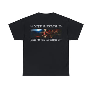 This Unisex Heavy Cotton Tee by Printify features HYTEK TOOLS above a CNC machine cutting metal and CERTIFIED OPERATOR in smaller text. It offers a classic fit with premium printing for standout style.