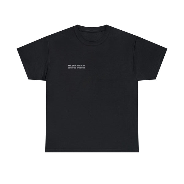 The Unisex Heavy Cotton Tee by Printify features a black design with a small white HYTEK TOOLS CREATIVE EXPERT text logo on the upper left. It offers premium printing, classic fit, and is displayed against a plain white background.