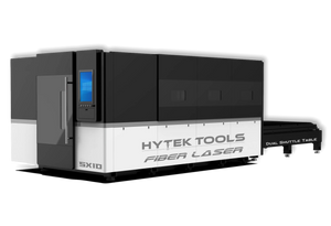 The Hytek Tools 2025 FIBERTEK™ Model DE Fiber Laser 5x10 (2000w-30,000w) features a control panel with screen, IPG laser source, and right-side Dual Shuttle Table for precise sheet metal cutting.