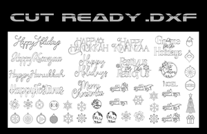 Explore Hytek Tools Holiday Ornaments Theme - Cut Ready DXF File Collection. Enjoy festive phrases like Happy Holidays and Merry Christmas, plus illustrations of trucks, snowflakes, and ornaments that encapsulate the holiday spirit.
