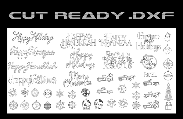 Explore Hytek Tools Holiday Ornaments Theme - Cut Ready DXF File Collection. Enjoy festive phrases like Happy Holidays and Merry Christmas, plus illustrations of trucks, snowflakes, and ornaments that encapsulate the holiday spirit.
