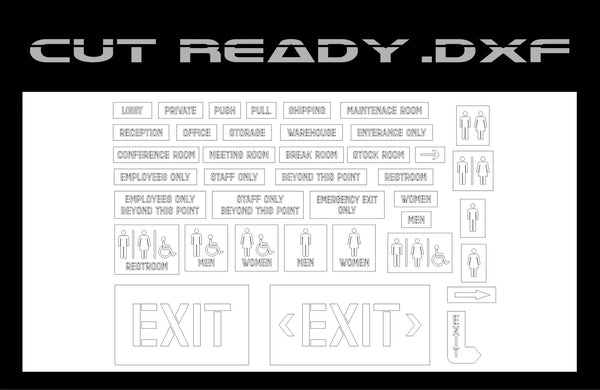 A blueprint-style image features labeled sections for rooms and facilities with restroom and EXIT signs, including the lobby, warehouse, and maintenance room. It reads CUT READY .DXF, perfect for Hytek Tools Interior Business Signs Wayfinding 1 - DXF Cut Ready File Collection.
