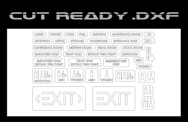 Blueprints for laser cutting door and room signs, ideal for interior business signage. Includes Lobby, Private, Exit, Restroom signs with accessibility icons and directional arrows. Title: Interior Business Signs Wayfinding 2 - DXF Cut Ready File Collection by Hytek Tools - Fiber Laser Sales - USA.