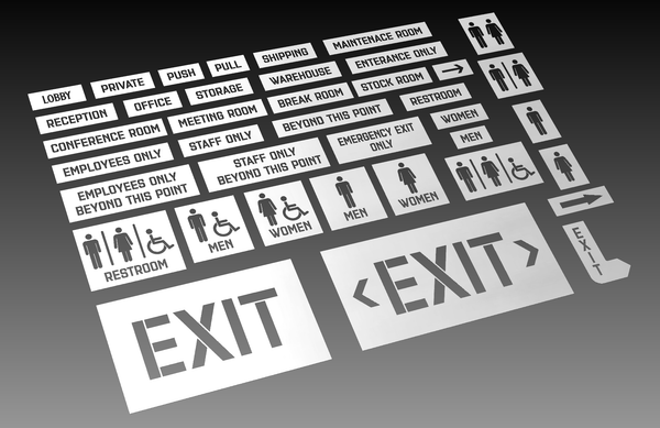 The Interior Business Signs Wayfinding 1 - DXF Cut Ready File Collection by Hytek Tools features rectangular signs for restrooms, meeting rooms, and exits with accessibility symbols and directional arrows on a gray background, all in .dxf format for seamless integration.