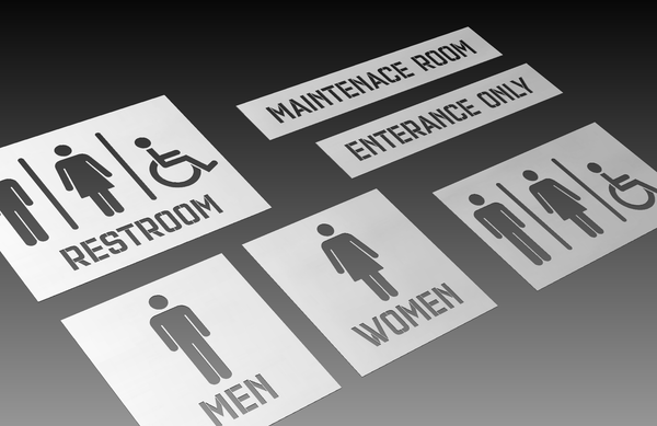 Silver restroom signs on a gradient gray background, indicating men, women, and wheelchair access, as well as signs for Maintenance Room and Entrance Only, are included in Hytek Tools Interior Business Signs Wayfinding 1 - DXF Cut Ready File Collection for seamless fiber laser integration.