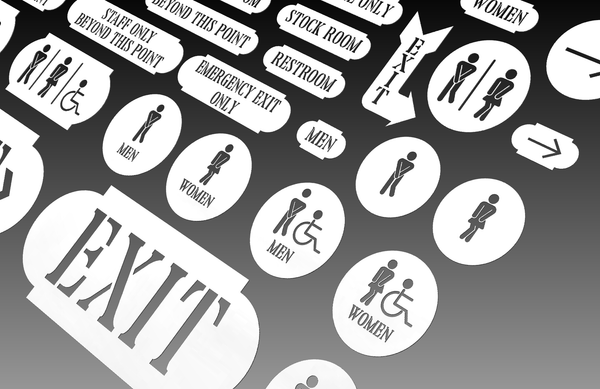 Hytek Tools presents the Interior Business Signs Wayfinding 3 - DXF Cut Ready File Collection, showcasing black and white restroom signs with vector line shapes for wayfinding, including men, women, accessibility icons, and directional arrows for EXIT and STAFF ONLY.