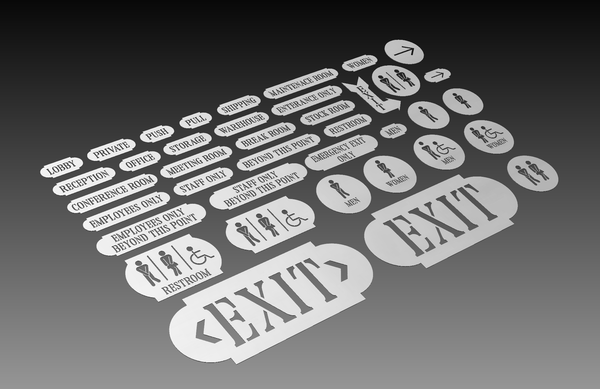 The Interior Business Signs Wayfinding 3 by Hytek Tools features a set of gray directional signs for wayfinding, including EXIT, RESTROOM, and LOBBY on a gradient background. Some include accessibility symbols or arrows. Ideal for laser-ready DXF files with precise vector lines.