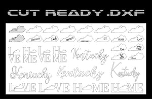The Kentucky State Theme - DXF Cut Ready File Collection by Hytek Tools offers outlines of Kentucky, the word Kentucky in various fonts, and the phrases Love and Home. Ideal for Fiber Laser CNC projects, it includes diverse artistic styles and placements.